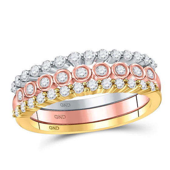 10k Tri-Tone Gold Womens Round Diamond 3-Piece Stackable Band Ring Set 1/2 Cttw