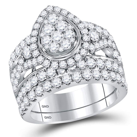 14k White Gold Round Diamond Pear Cluster Bridal Wedding Ring Band Set 3 Cttw