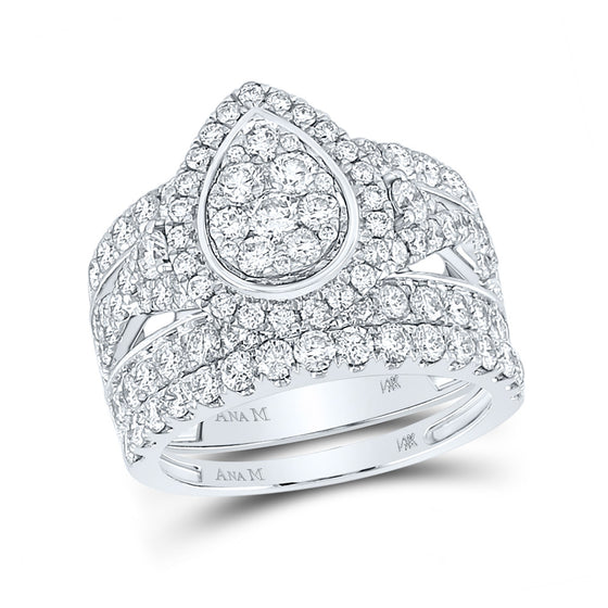 14k White Gold Round Diamond Pear Cluster Bridal Wedding Ring Band Set 3 Cttw