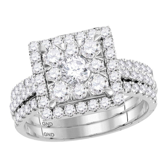 14k White Gold Round Diamond Square Bridal Wedding Ring Band Set 2 Cttw
