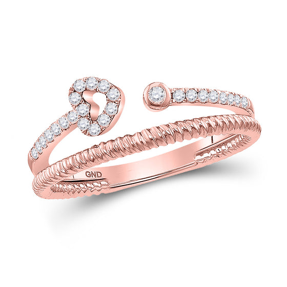 10k Rose Gold Womens Round Diamond Heart Stackable Band Ring 1/6 Cttw