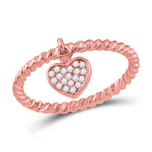  10k Rose Gold Womens Round Diamond Heart Dangle Stackable Band Ring 1/10 Cttw