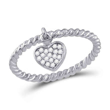  10k White Gold Womens Round Diamond Heart Dangle Stackable Band Ring 1/10 Cttw