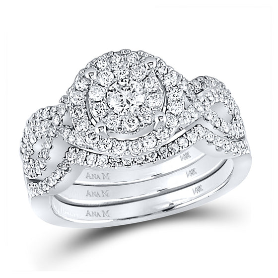 14k White Gold Round Diamond Halo Bridal Wedding Ring Band Set 1 Cttw