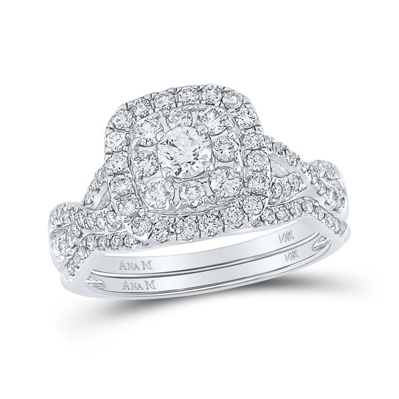 14k White Gold Round Diamond Halo Bridal Wedding Ring Band Set 1 Cttw