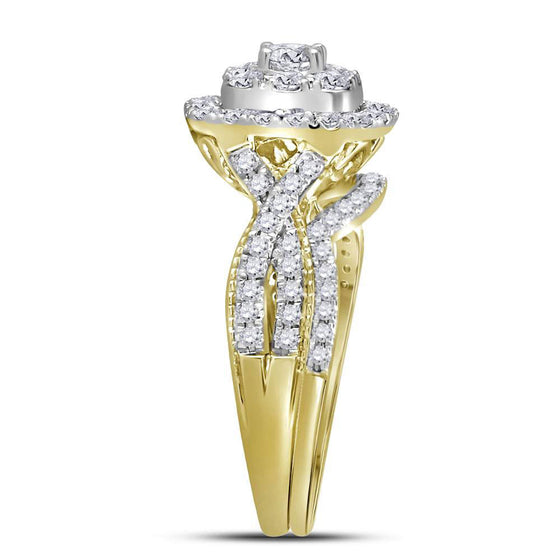 14k Yellow Gold Round Diamond Halo Bridal Wedding Ring Band Set 1 Cttw