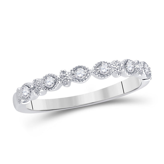 14k White Gold Womens Round Diamond Milgrain Stackable Band Ring 1/10 Cttw