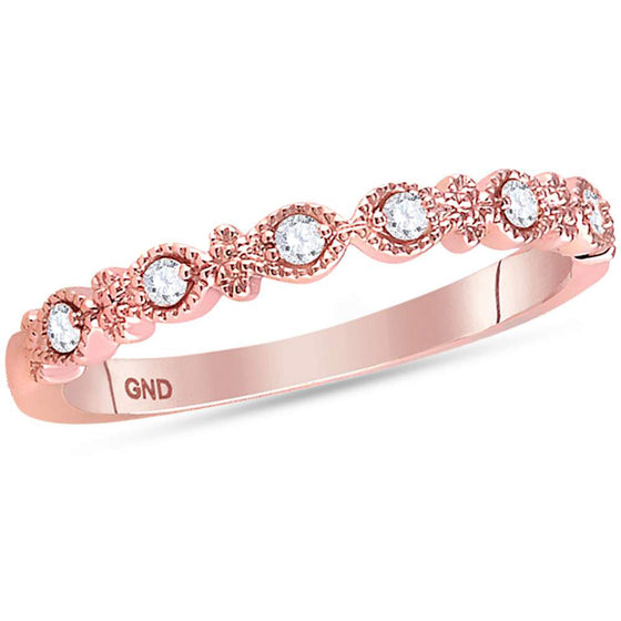 14k Rose Gold Womens Round Diamond Milgrain Stackable Band Ring 1/10 Cttw