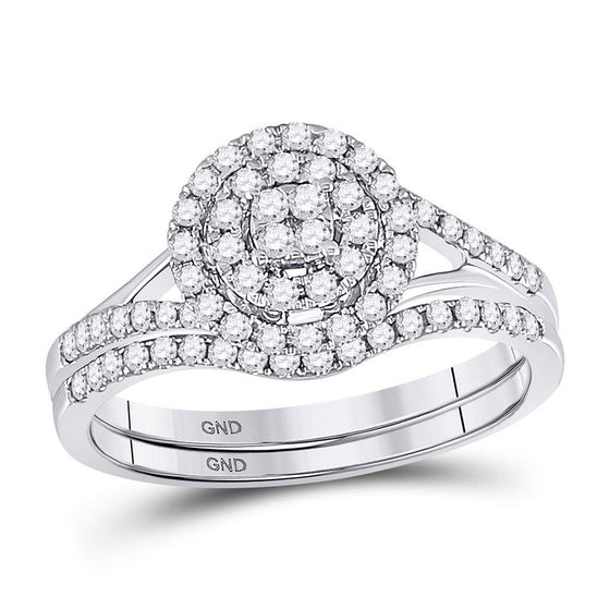 14k White Gold Round Diamond Cluster Bridal Wedding Ring Band Set 1/2 Cttw