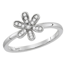  14k White Gold Womens Round Diamond Flower Floral Stackable Band Ring 1/8 Cttw