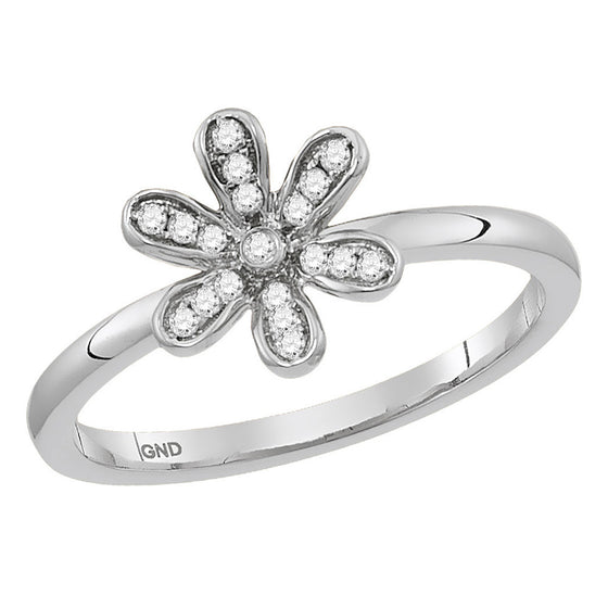 14k White Gold Womens Round Diamond Flower Floral Stackable Band Ring 1/8 Cttw
