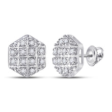  10k White Gold Round Diamond Hexagon Cluster Earrings 1/10 Cttw