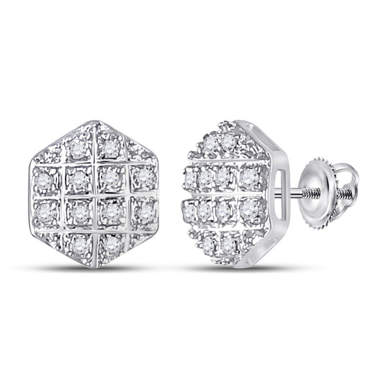 10k White Gold Round Diamond Hexagon Cluster Earrings 1/10 Cttw