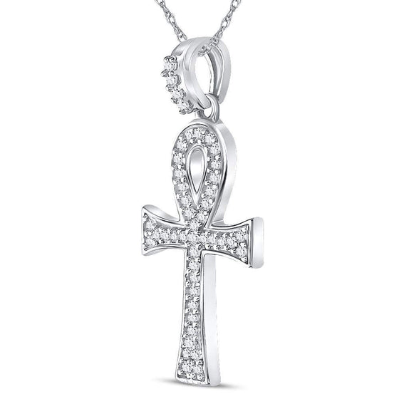10k White Gold Mens Round Diamond Ankh Cross Charm Pendant 1/5 Cttw
