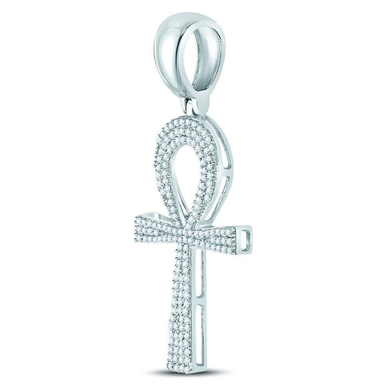 10k White Gold Mens Round Diamond Ankh Cross Charm Pendant 1/2 Cttw