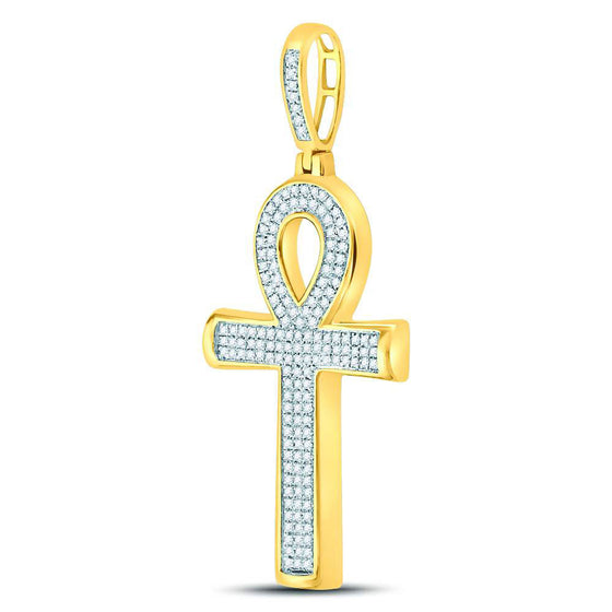 10k Yellow Gold Mens Round Diamond Ankh Cross Charm Pendant 1/3 Cttw
