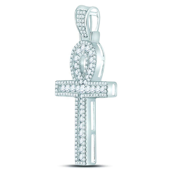 10k White Gold Mens Round Diamond Ankh Cross Charm Pendant 1 Cttw
