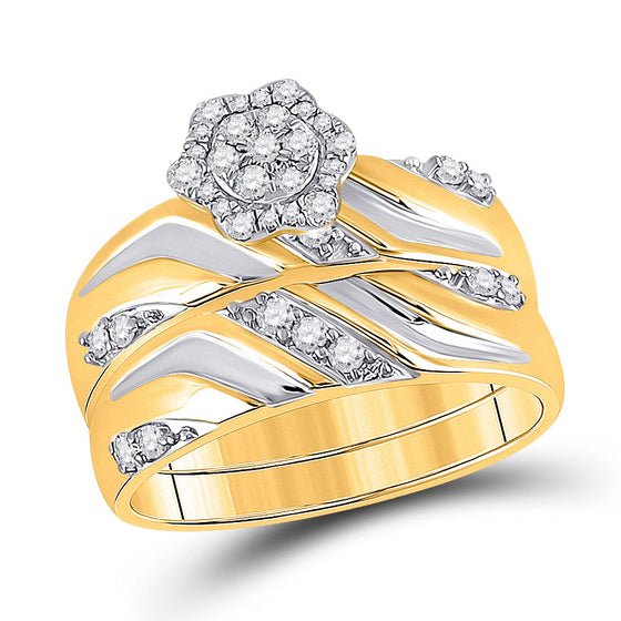 10k Two-tone Gold His Hers Round Diamond Cluster Matching Wedding Set 1/2 Cttw