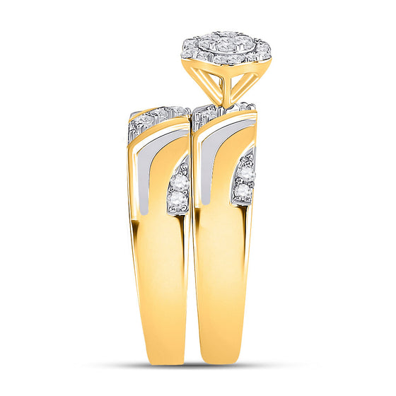 10k Two-tone Gold His Hers Round Diamond Cluster Matching Wedding Set 1/2 Cttw