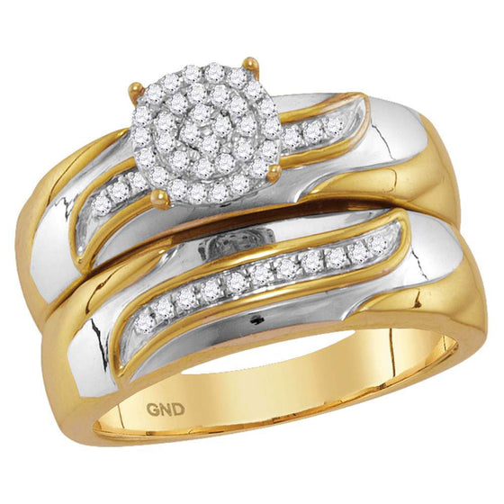 10k Two-tone Gold His Hers Round Diamond Cluster Matching Wedding Set 1/5 Cttw