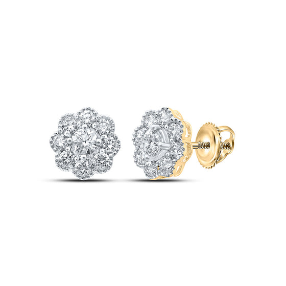 14k Yellow Gold Womens Round Diamond Flower Cluster Earrings 1-1/2 Cttw