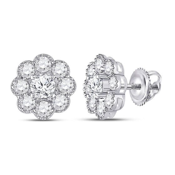 14k White Gold Womens Round Diamond Flower Cluster Earrings 2 Cttw