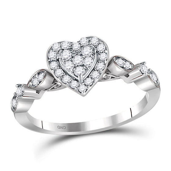 14k White Gold Womens Round Diamond Heart Cluster Ring 1/3 Cttw