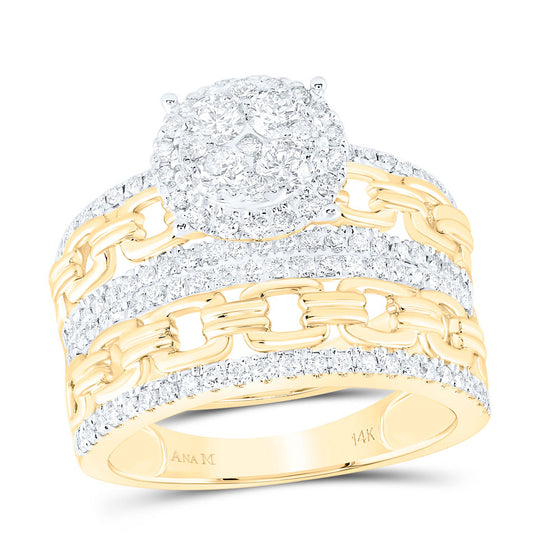 14k Yellow Gold His Hers Round Diamond Cluster Matching Wedding Set 1-3/8 Cttw
