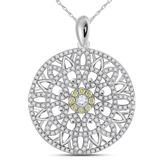 14k White Gold Womens Round Diamond Mandala Circle Pendant 1 Cttw