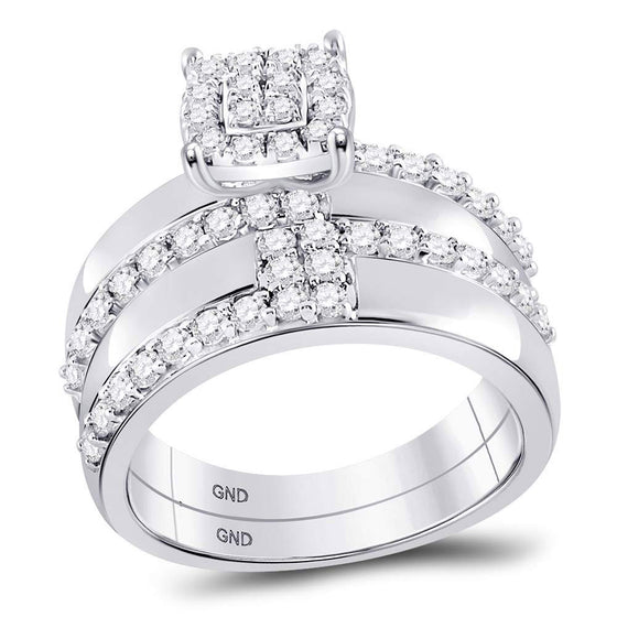 14k White Gold His Hers Round Diamond Cluster Matching Wedding Set 1-1/2 Cttw