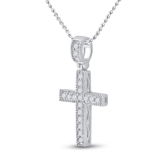14k White Gold Womens Round Diamond Milgrain Cross Pendant 1/5 Cttw
