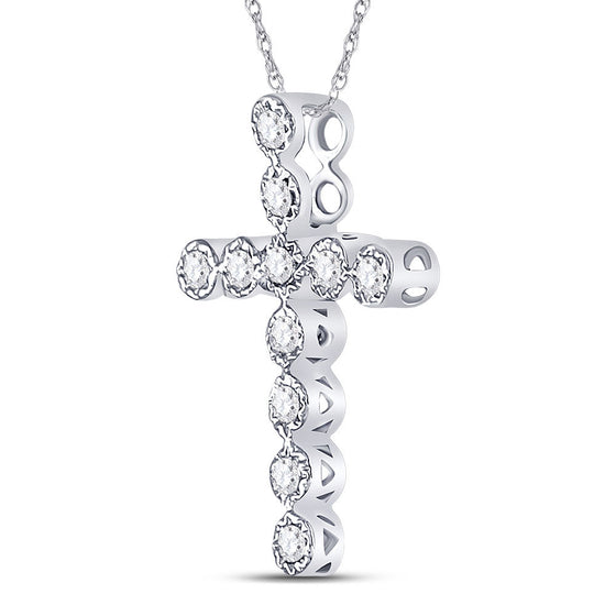 14k White Gold Womens Round Diamond Paternoster Cross Pendant 1/8 Cttw