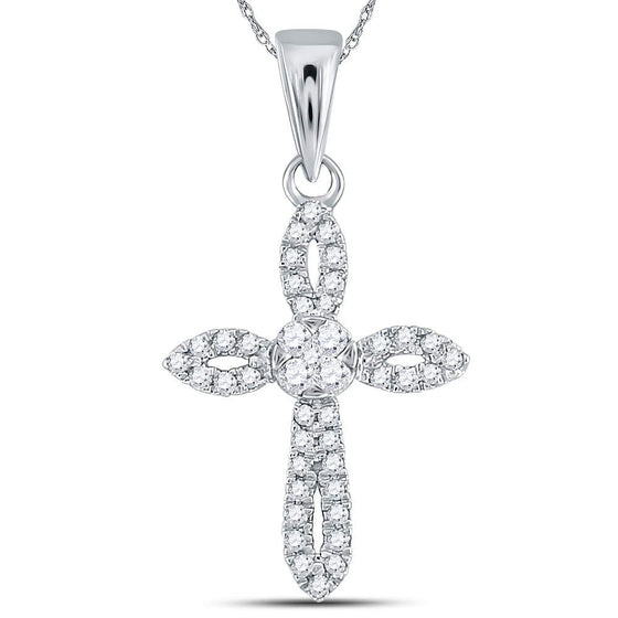 14k White Gold Womens Round Diamond Cross Pendant 1/6 Cttw
