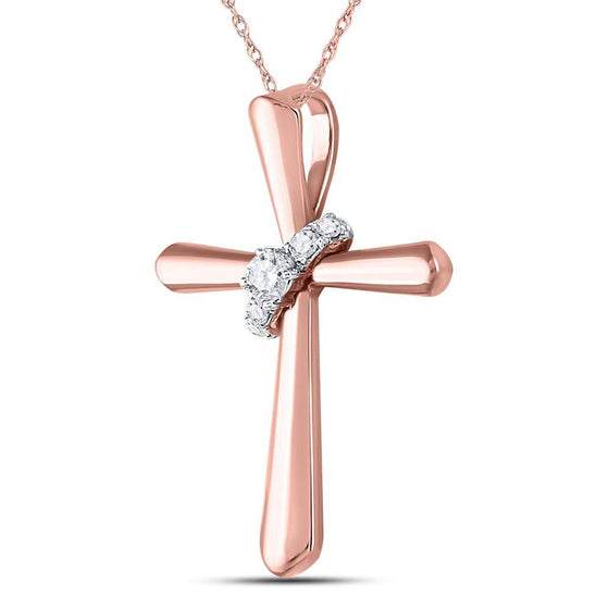 14k Rose Gold Womens Round Diamond Cross Pendant 1/10 Cttw