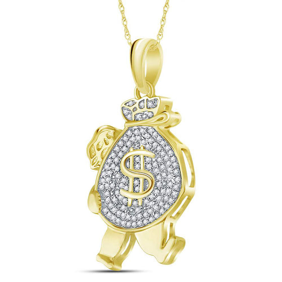 10k Yellow Gold Mens Round Diamond Money Bag Man Charm Pendant 1/4 Cttw