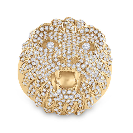 14k Yellow Gold Mens Round Diamond Lion Head Animal Ring 2-3/4 Cttw