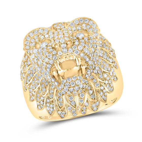 14k Yellow Gold Mens Round Diamond Lion Head Animal Ring 2-3/4 Cttw