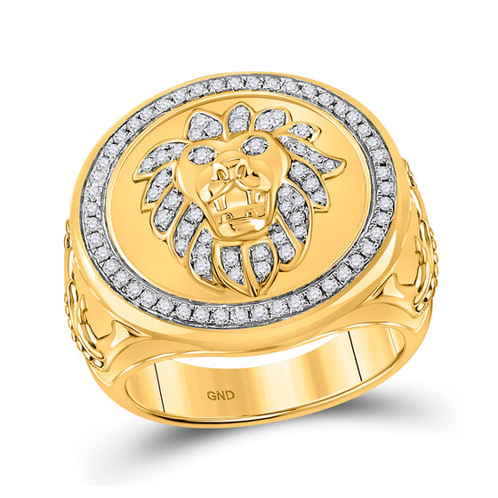 10k Yellow Gold Mens Round Diamond Lion Circle Ring 5/8 Cttw