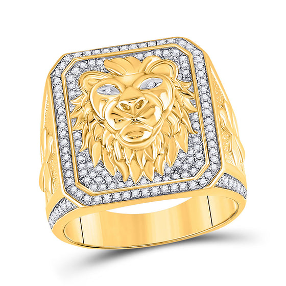 10k Yellow Gold Mens Round Diamond Lion Face Fashion Ring 5/8 Cttw