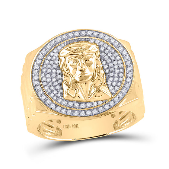 10k Yellow Gold Mens Round Diamond Jesus Face Circle Ring 5/8 Cttw
