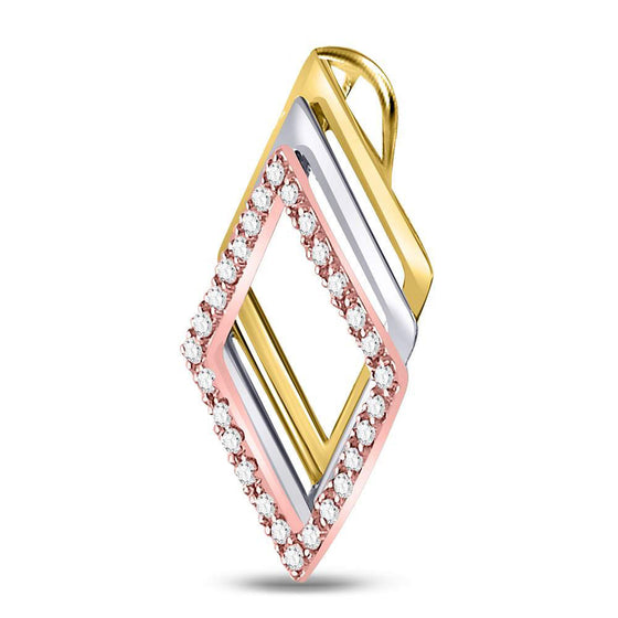 10k Tri-Tone Gold Womens Round Diamond Diagonal Square Fashion Pendant 1/6 Cttw