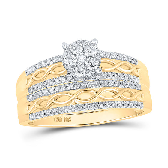 10k Yellow Gold His Hers Round Diamond Cluster Matching Wedding Set 1 Cttw