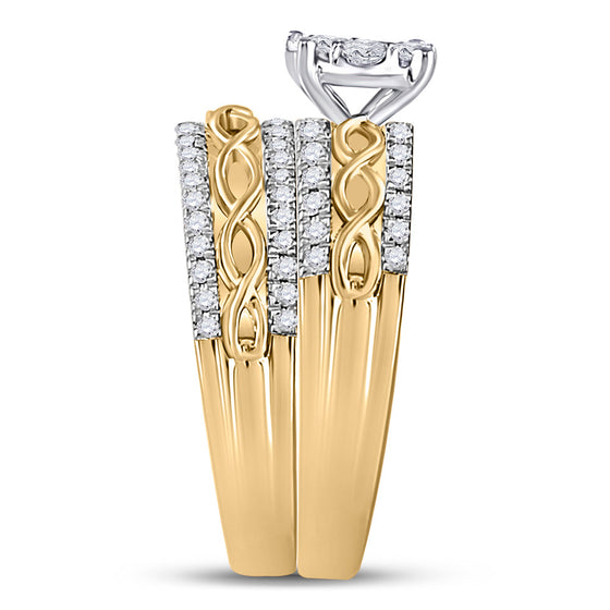 10k Yellow Gold His Hers Round Diamond Cluster Matching Wedding Set 1 Cttw
