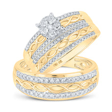 10k Yellow Gold His Hers Round Diamond Cluster Matching Wedding Set 1 Cttw