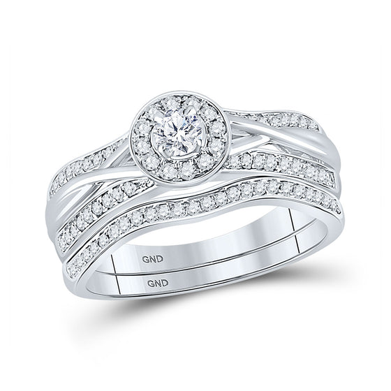 14k White Gold Round Diamond Halo Bridal Wedding Ring Band Set 1/2 Cttw