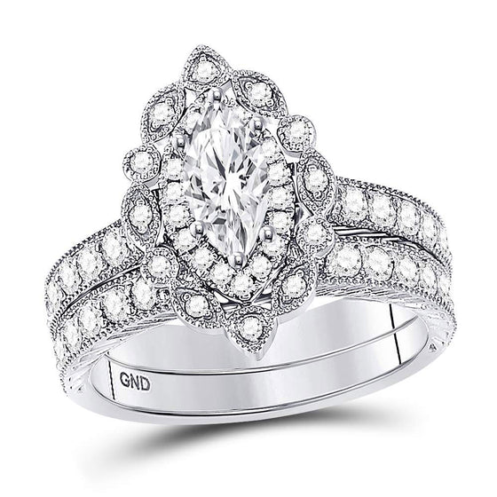 14k White Gold Marquise Diamond Bridal Wedding Ring Band Set 2 Cttw