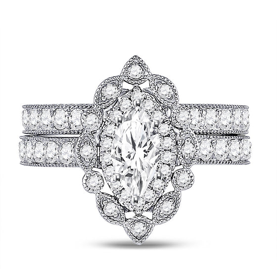 14k White Gold Marquise Diamond Bridal Wedding Ring Band Set 2 Cttw