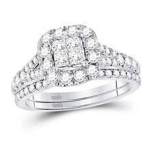  14k White Gold Princess Diamond Cluster Bridal Wedding Ring Band Set 1 Cttw