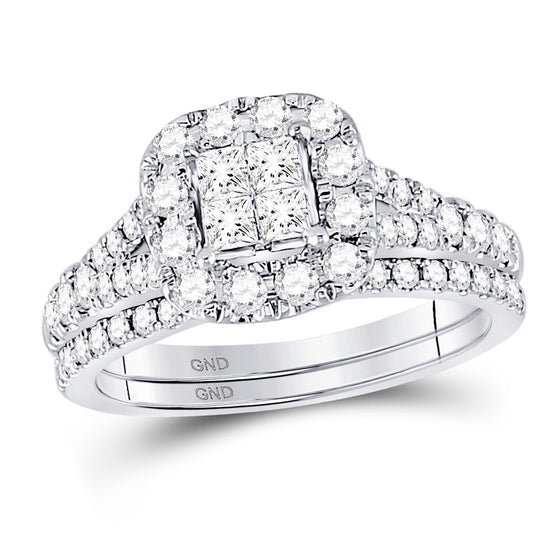 14k White Gold Princess Diamond Cluster Bridal Wedding Ring Band Set 1 Cttw