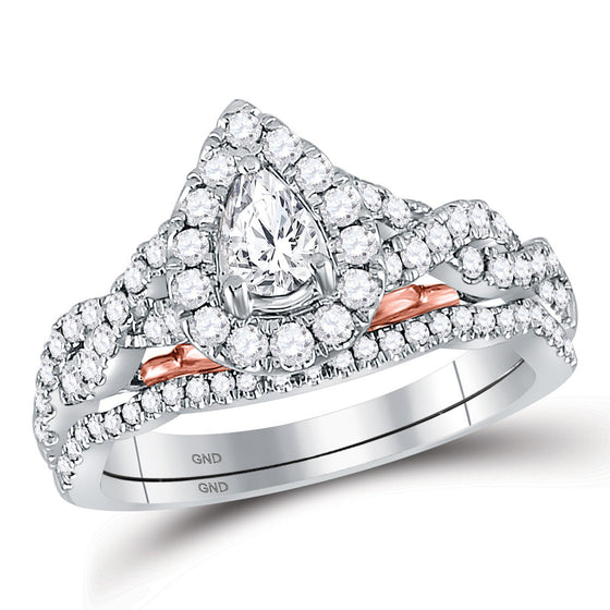 14k Two-tone Gold Pear Diamond Bridal Wedding Ring Band Set 1 Cttw